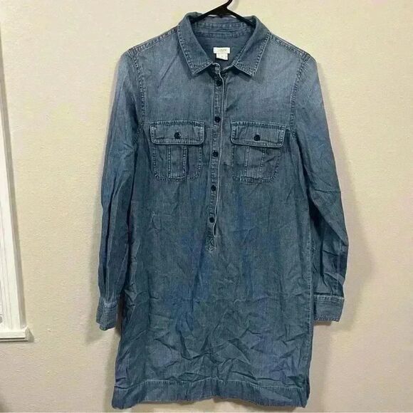 J. Crew Chambray Dress Women Denim 1/2 Button Front Roll Tab Sleeve - Picture 2 of 5